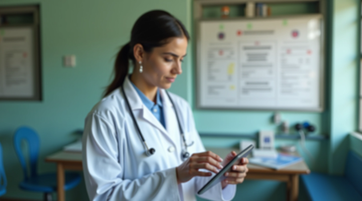 Healthcare worker using telemedicine diagnostic interface in a rural clinic setting